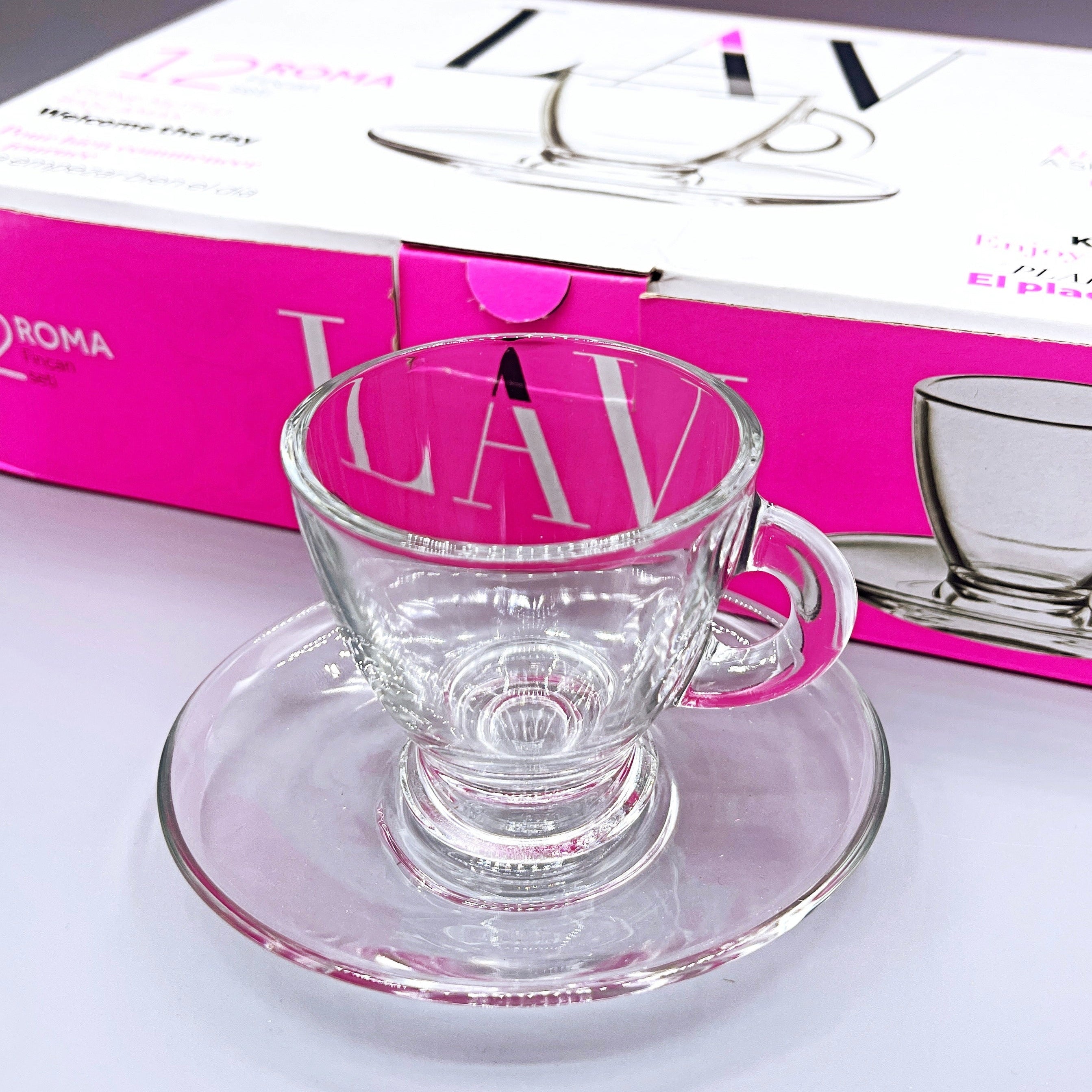 LAV "Roma" Small Demitasse Clear Glass Espresso Drinkware, Set of 6 Cups/Saucers (12pc total)