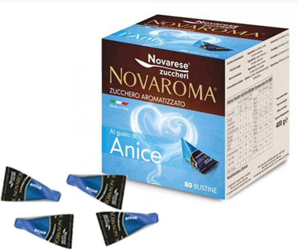 Novaroma Anice(Sambuca) packaging with small blue containers of sugar sachets.