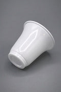 A glossy white polystyrene single serve recyclable cup with a flared rim, shown from a side angle on a neutral grey background.