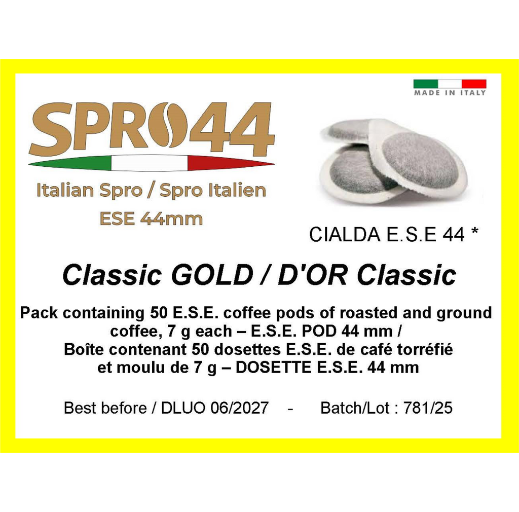 Classic GOLD / D'OR Classic - E.S.E. 44mm Coffee Pods – 50 Pc. Box – Easy Serve Espresso – Compostable Coffee Pods –