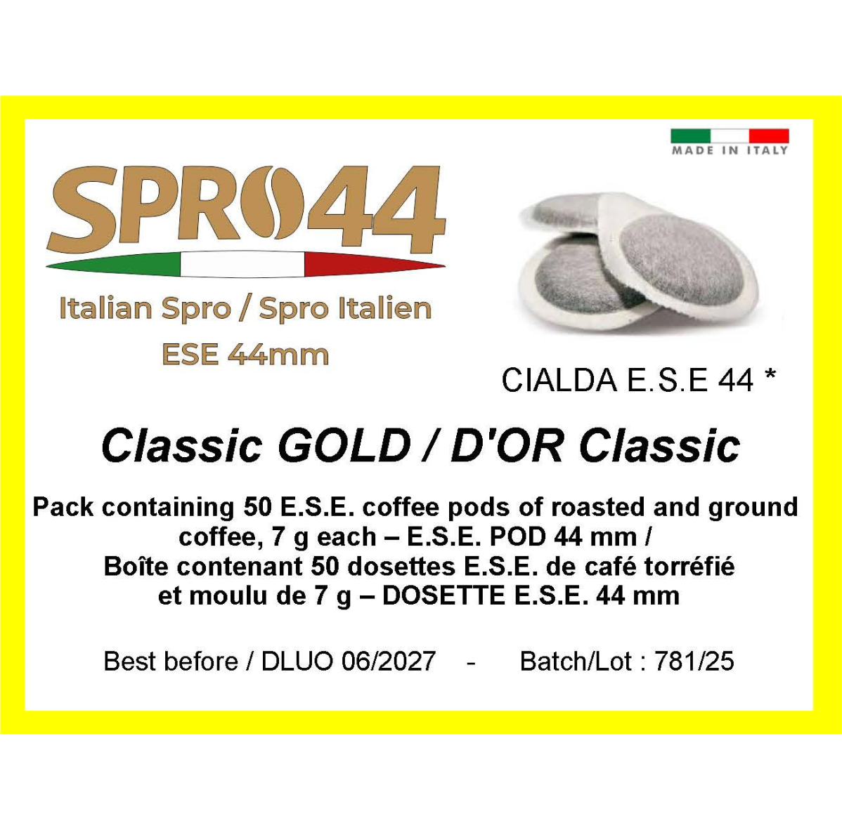 Classic GOLD / D'OR Classic - E.S.E. 44mm Coffee Pods – 50 Pc. Box – Easy Serve Espresso – Compostable Coffee Pods –