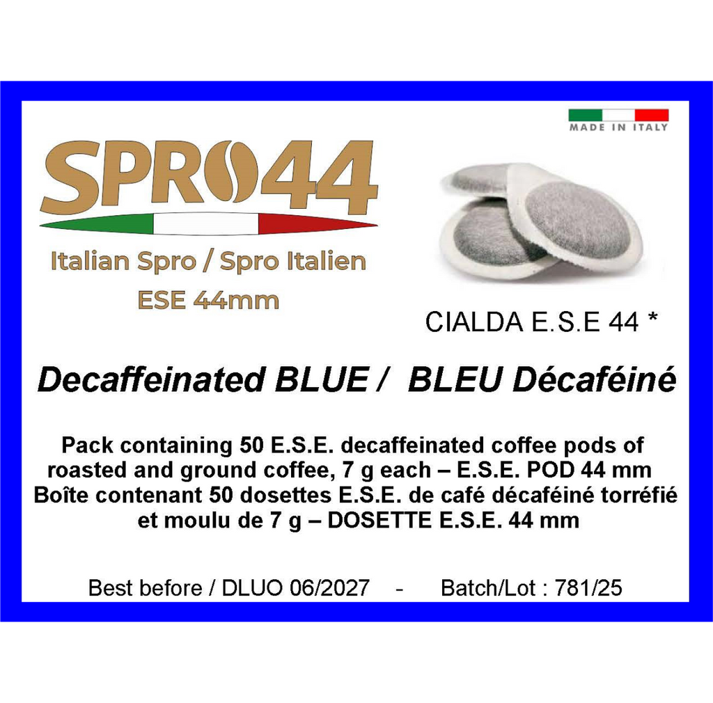 Decaffeinated BLUE / BLEU Décaféiné - E.S.E. 44mm Coffee Pods – 50 Pc. Box – Easy Serve Espresso – Compostable Coffee Pods –