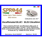 Decaffeinated BLUE / BLEU Décaféiné - E.S.E. 44mm Coffee Pods – 50 Pc. Box – Easy Serve Espresso – Compostable Coffee Pods –