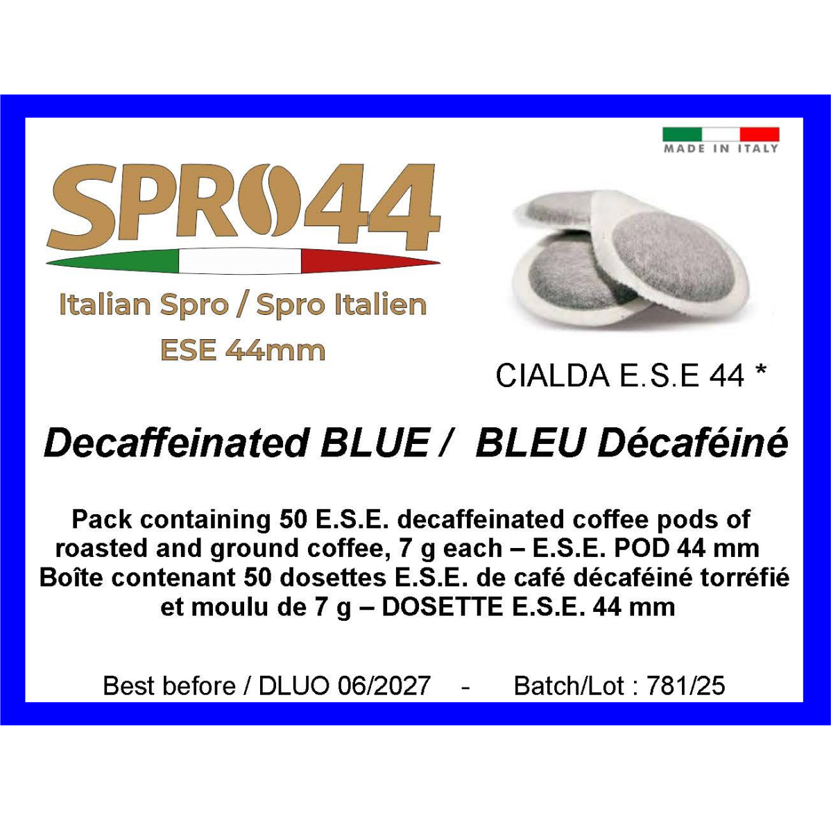 Decaffeinated BLUE / BLEU Décaféiné - E.S.E. 44mm Coffee Pods – 50 Pc. Box – Easy Serve Espresso – Compostable Coffee Pods –