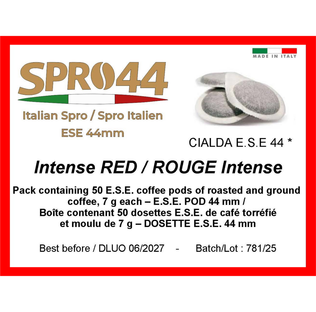 Intense RED / ROUGE Intense - E.S.E. 44mm Coffee Pods – 50 Pc. Box – Easy Serve Espresso – Compostable Coffee Pods –