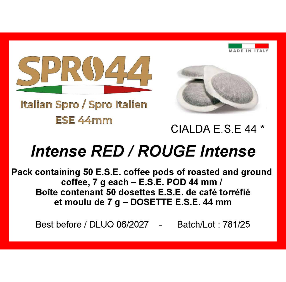 Intense RED / ROUGE Intense - E.S.E. 44mm Coffee Pods – 50 Pc. Box – Easy Serve Espresso – Compostable Coffee Pods –