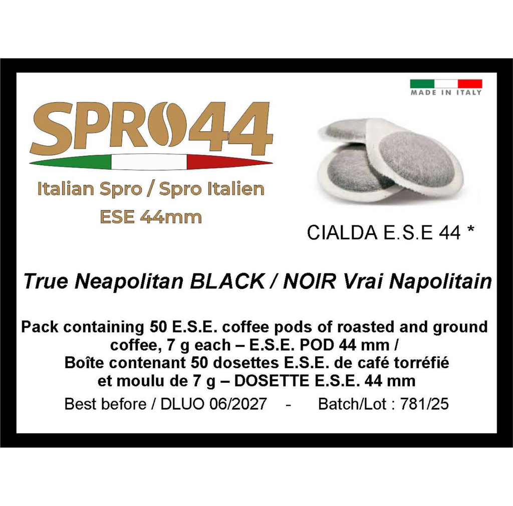 True Neapolitan BLACK / NOIR Vrai Napolitain - E.S.E. 44mm Coffee Pods – 50 Pc. Box – Easy Serve Espresso – Compostable Coffee Pods –