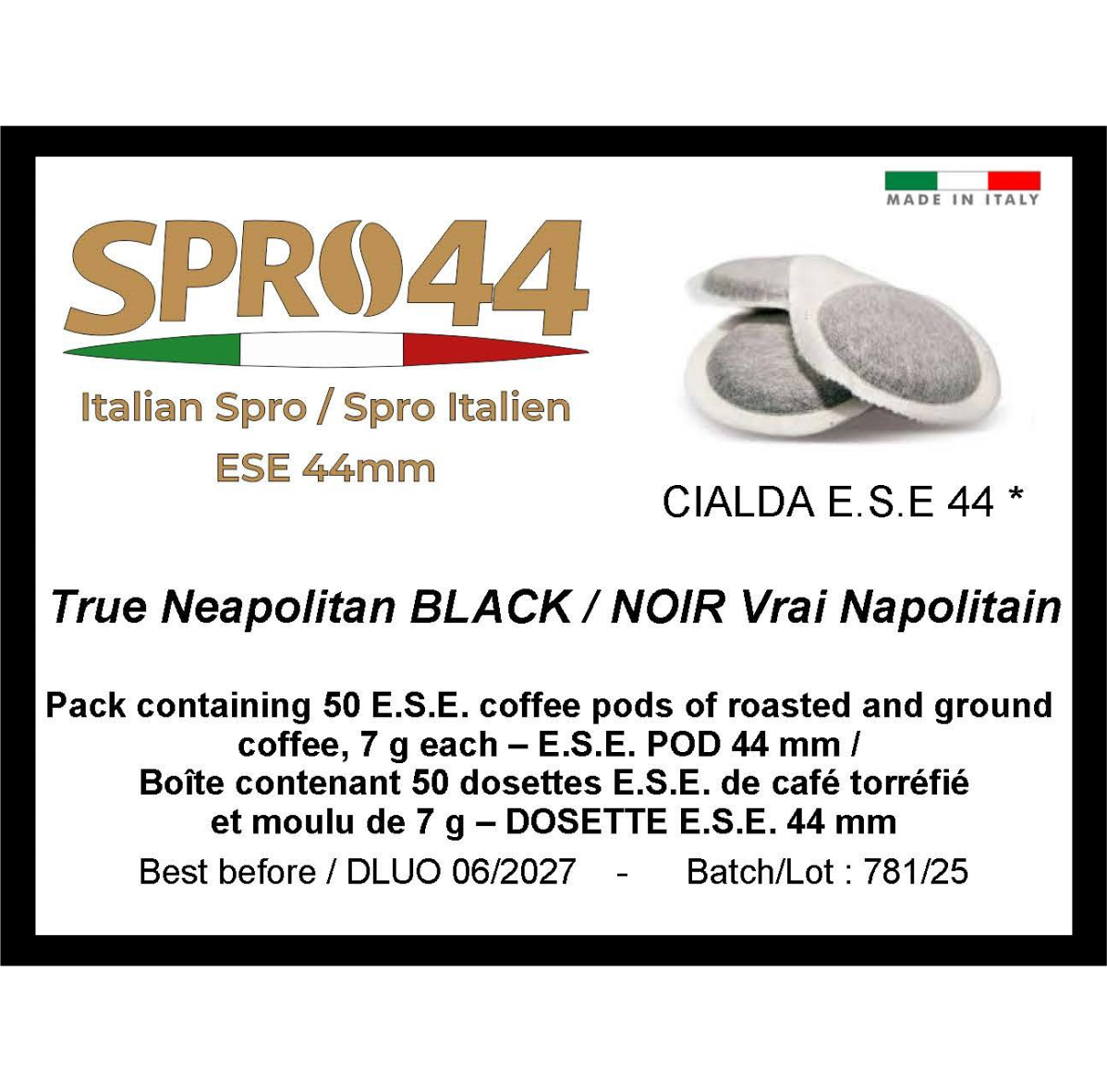 True Neapolitan BLACK / NOIR Vrai Napolitain - E.S.E. 44mm Coffee Pods – 50 Pc. Box – Easy Serve Espresso – Compostable Coffee Pods –