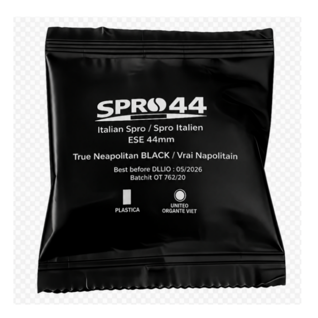 A black glossy plastic pouch of SPRO44 Italian Spro / Spro Italien ESE 44mm, labeled 'True Neapolitan BLACK / Vrai Napolitain', on a transparent checkered background.