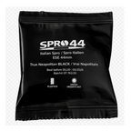 A black glossy plastic pouch of SPRO44 Italian Spro / Spro Italien ESE 44mm, labeled 'True Neapolitan BLACK / Vrai Napolitain', on a transparent checkered background.