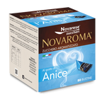 A box of Novarese Zuccheri Novaroma Anice Al gusto bustine, featuring a blue and brown design with white swirls and a small package illustration, on a white background.