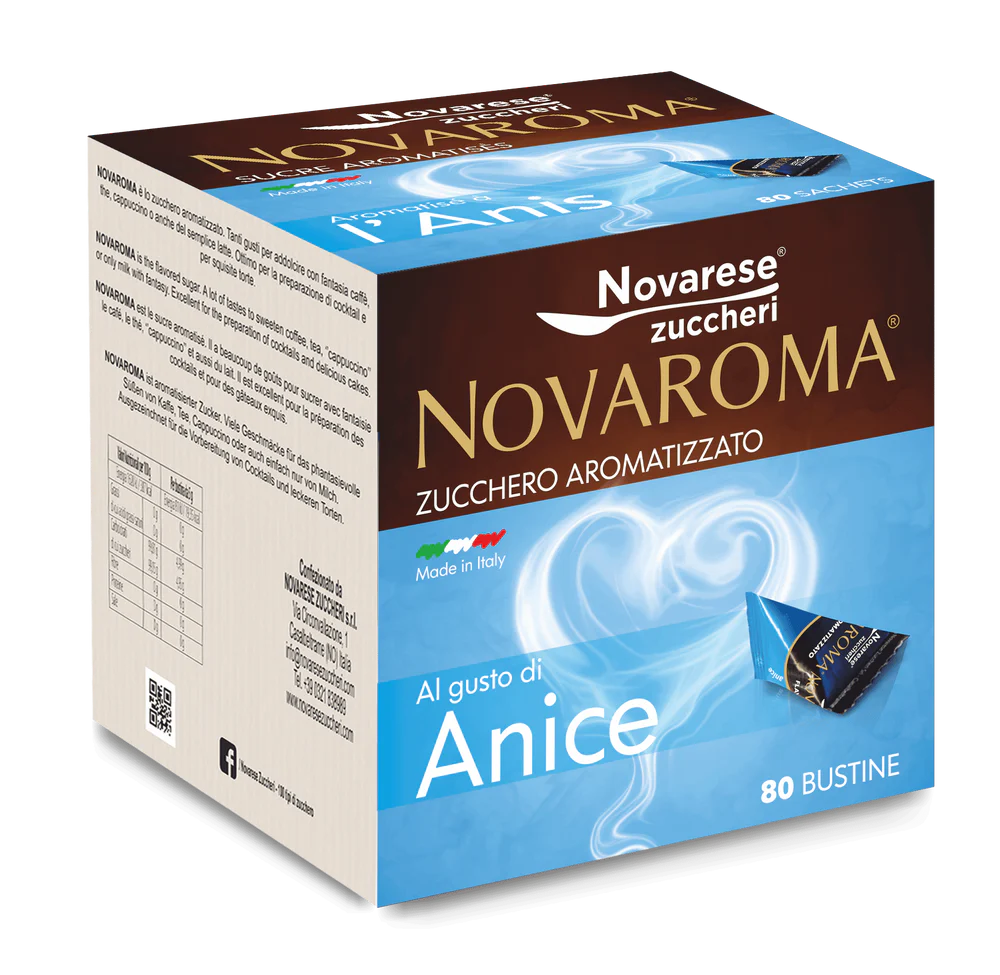 A box of Novarese Zuccheri Novaroma Anice Al gusto bustine, featuring a blue and brown design with white swirls and a small package illustration, on a white background.