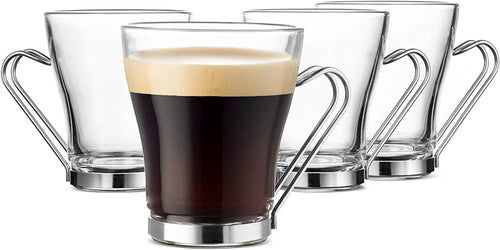 Bormioli Rocco OSLO Glass Coffee Mug - 235ml(8 Ounce) Cappuccino Cups (4 Pack) with Metal Handle, Perfect Glasses for hot tea, coffee and cold beverages, Thermal Shock Resistant, Tempered Glass, great for Latte
