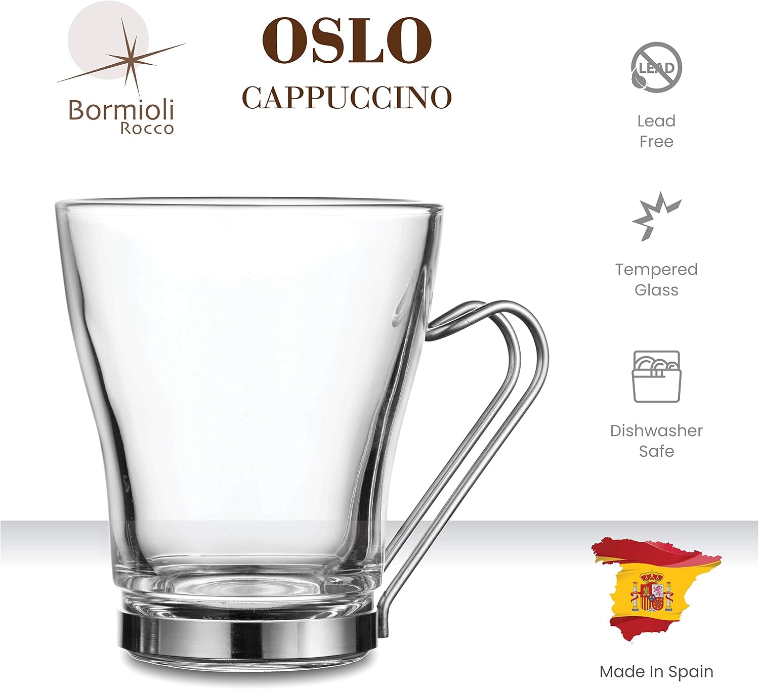 Bormioli Rocco OSLO Glass Coffee Mug - 235ml(8 Ounce) Cappuccino Cups (4 Pack) with Metal Handle, Perfect Glasses for hot tea, coffee and cold beverages, Thermal Shock Resistant, Tempered Glass, great for Latte