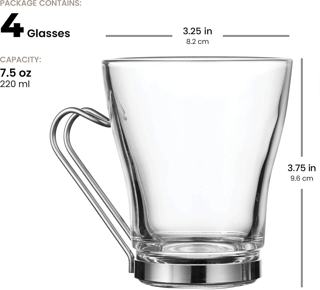 Bormioli Rocco OSLO Glass Coffee Mug - 235ml(8 Ounce) Cappuccino Cups (4 Pack) with Metal Handle, Perfect Glasses for hot tea, coffee and cold beverages, Thermal Shock Resistant, Tempered Glass, great for Latte
