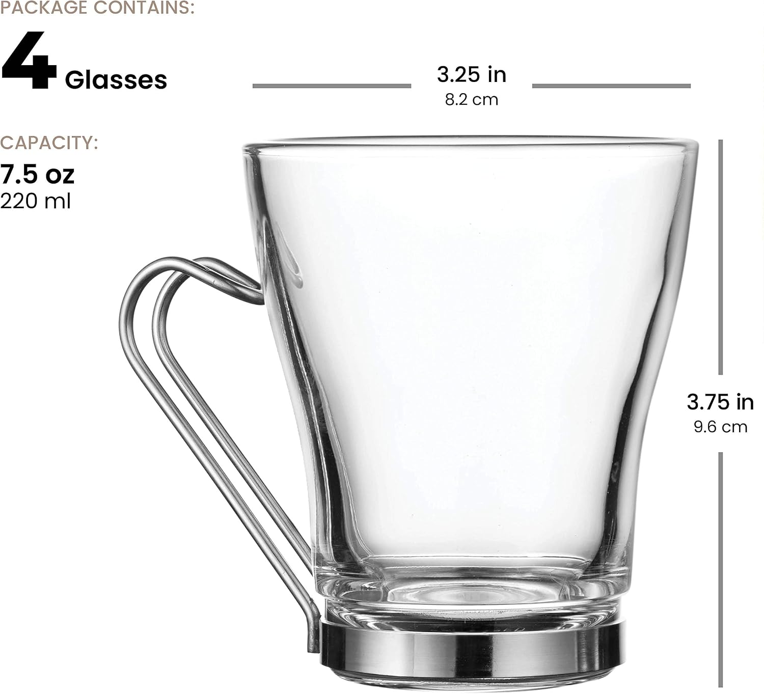Bormioli Rocco OSLO Glass Coffee Mug - 235ml(8 Ounce) Cappuccino Cups (4 Pack) with Metal Handle, Perfect Glasses for hot tea, coffee and cold beverages, Thermal Shock Resistant, Tempered Glass, great for Latte