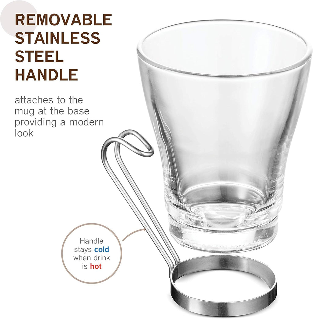 Bormioli Rocco OSLO Glass Coffee Mug - 235ml(8 Ounce) Cappuccino Cups (4 Pack) with Metal Handle, Perfect Glasses for hot tea, coffee and cold beverages, Thermal Shock Resistant, Tempered Glass, great for Latte