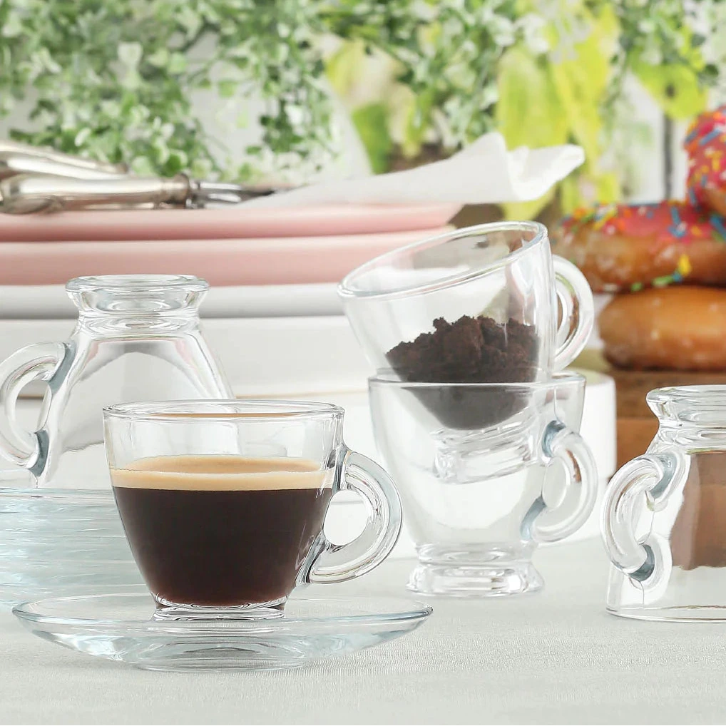 LAV "Roma" Small Demitasse Clear Glass Espresso Drinkware, Set of 6 Cups/Saucers (12pc total)