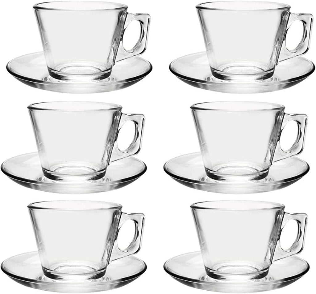 Pasabahce Vela Cappuccino Clear Glass Cup-Saucer Set of 6 (12pc total)