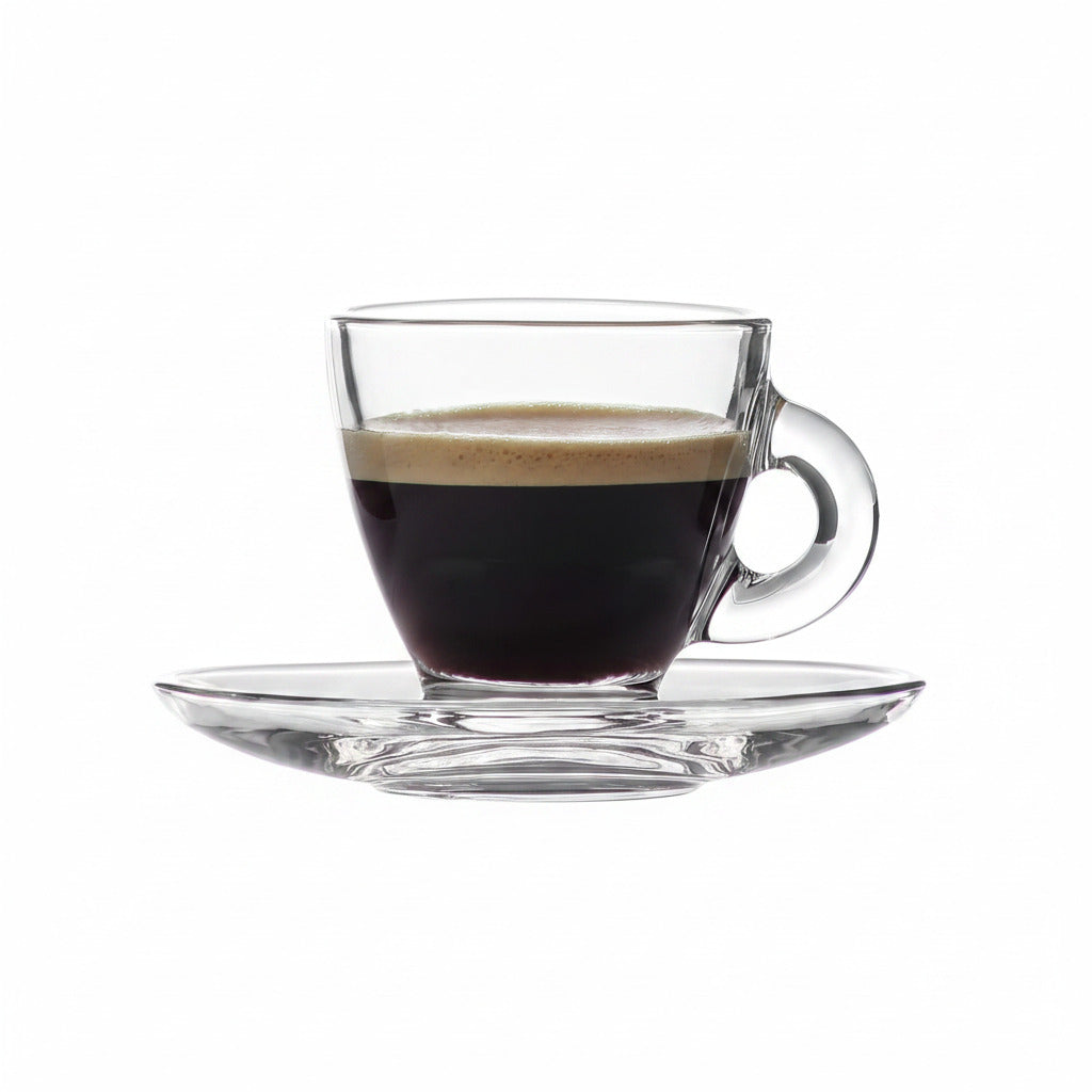 LAV "Roma" Small Demitasse Clear Glass Espresso Drinkware, Set of 6 Cups/Saucers (12pc total)