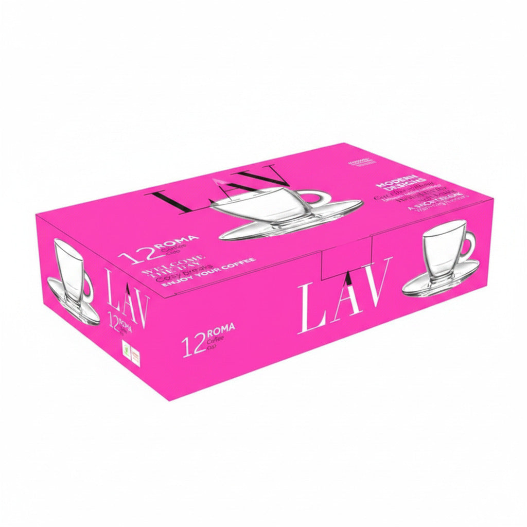 LAV "Roma" Small Demitasse Clear Glass Espresso Drinkware, Set of 6 Cups/Saucers (12pc total)