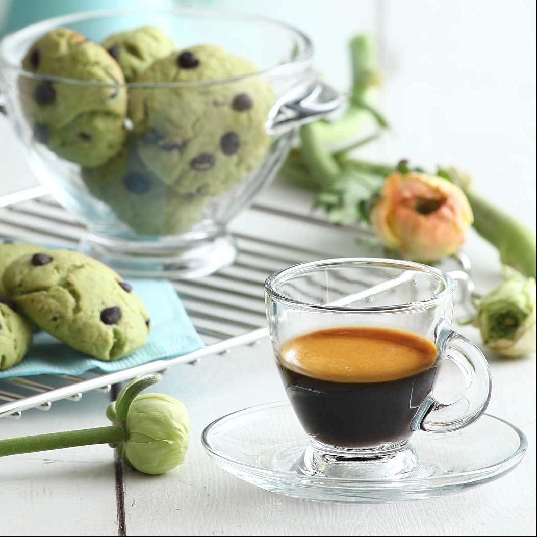 LAV "Roma" Small Demitasse Clear Glass Espresso Drinkware, Set of 6 Cups/Saucers (12pc total)